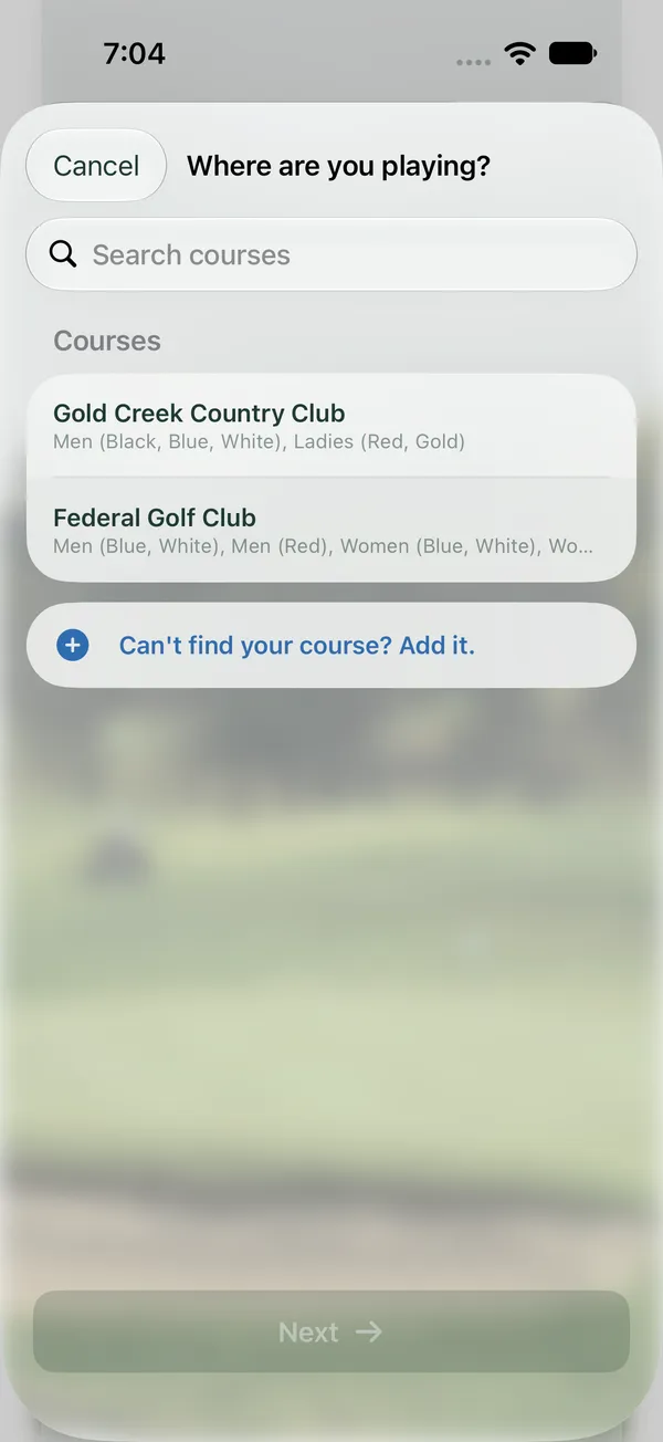 Where are you playing? screen with a course list