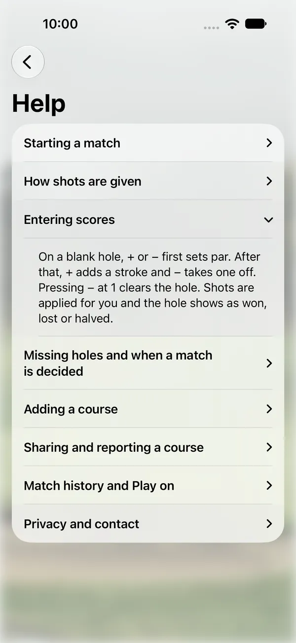 Help screen with topics on match play and how shots are given