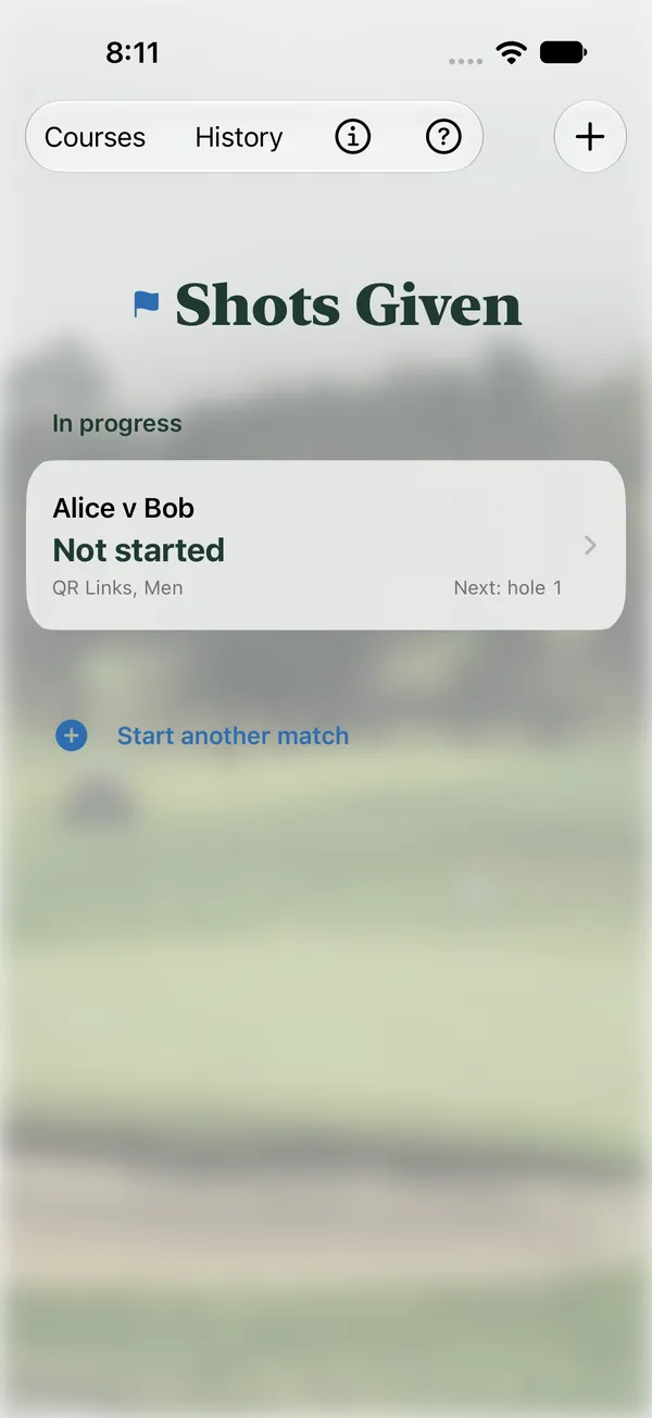 Home screen listing matches