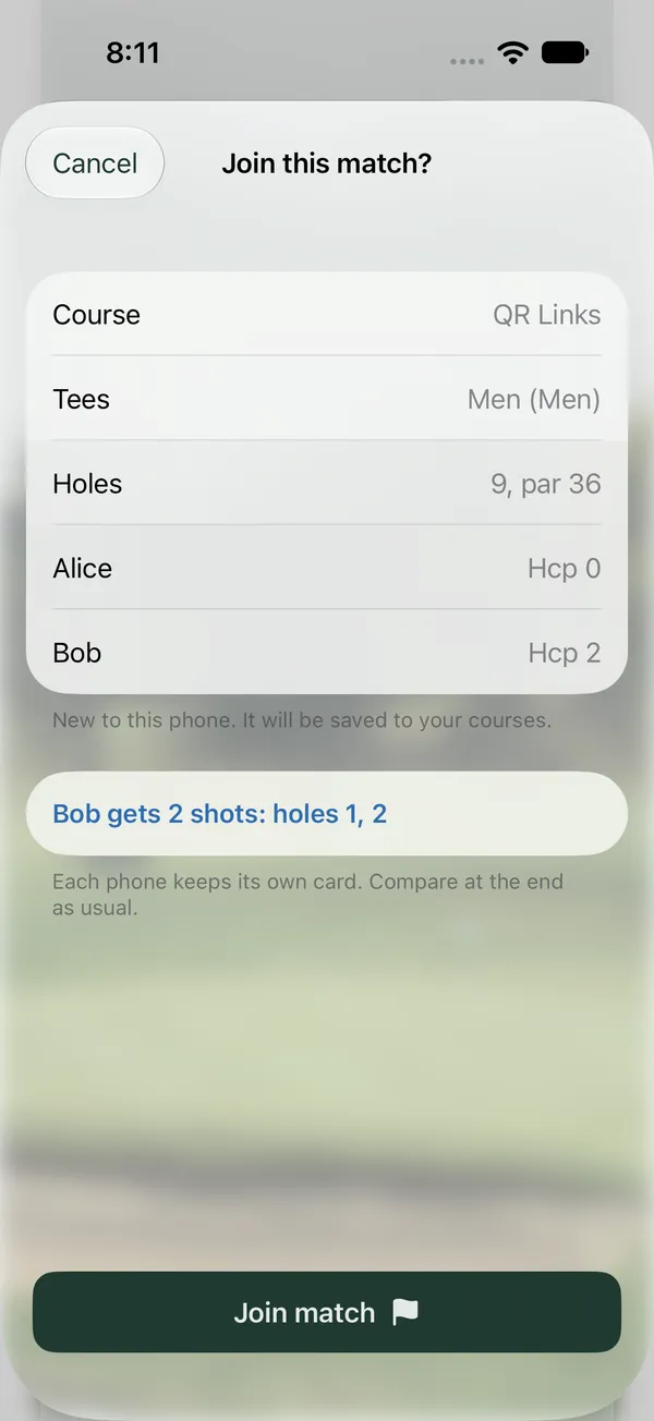Join this match screen showing course, tees, players Alice and Bob, and Bob gets 2 shots on holes 1 and 2