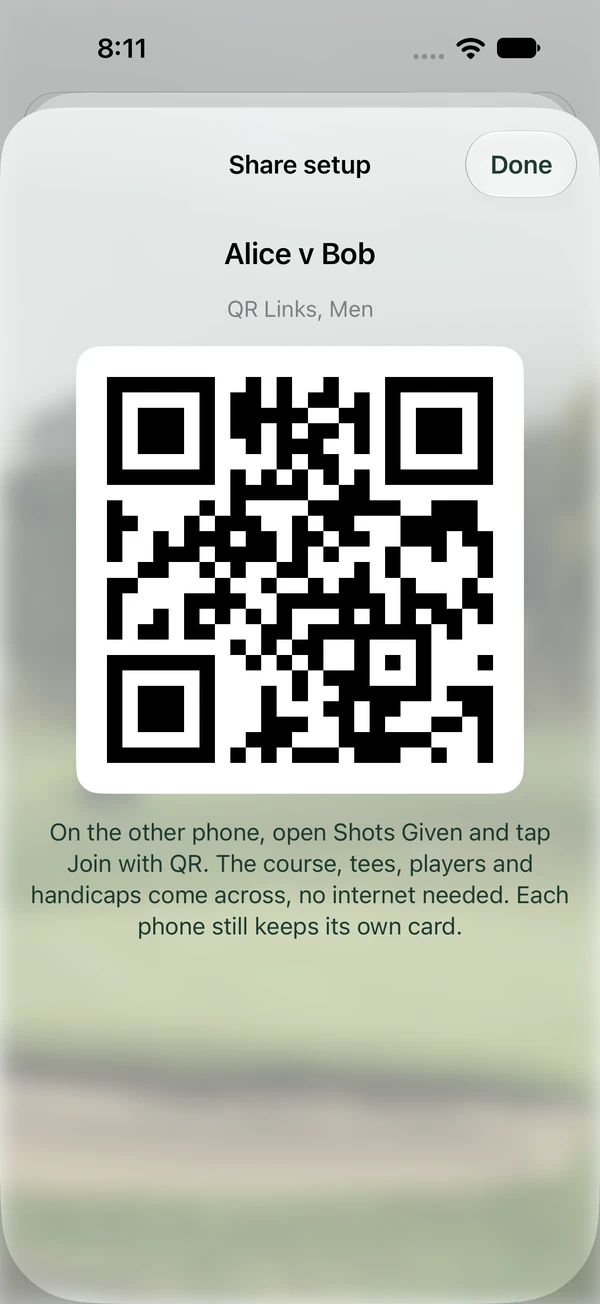 Share setup screen with a QR code for the match Alice v Bob