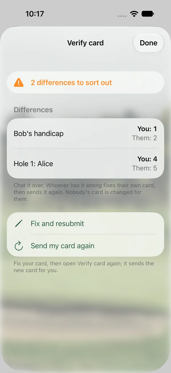 Verify card screen listing differences between two players' cards